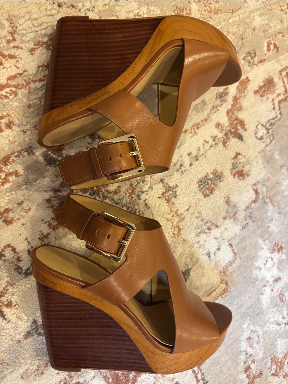 MICHAEL Michael Kors Josephine Leather Wedge Platform Sandals Luggage Brown - Picture 3 of 8